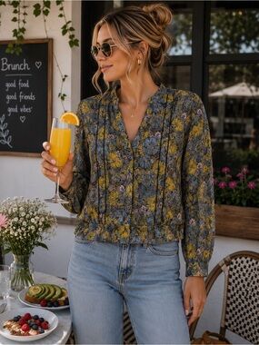 hinge Floral Pintuck Button-Front Blouse in Yellow & Blue